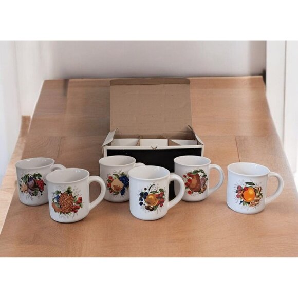 Stoneware Set Of Six Fruit Print Coffee Cups Mugs - Picture 2 of 16